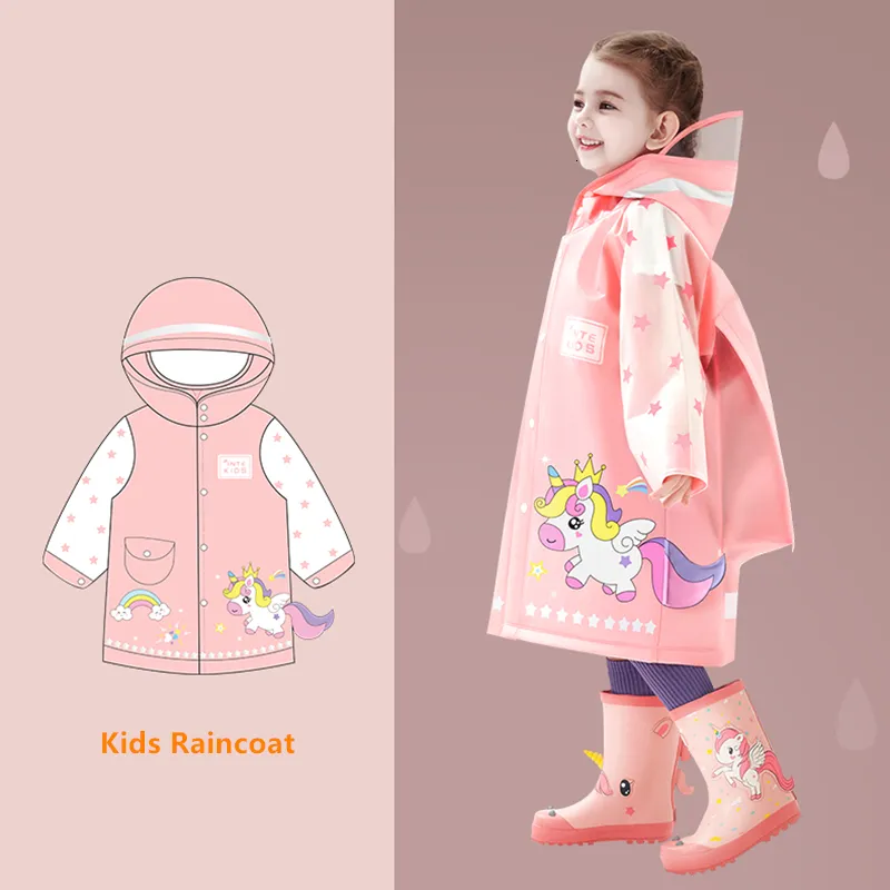 Regenausrüstung Niedlicher Kinder-Regenmantel Wasserdichter Kinder-Dinosaurier-Einhorn-Regenponcho Regenmanteljacke mit Rucksackposition Student 230511