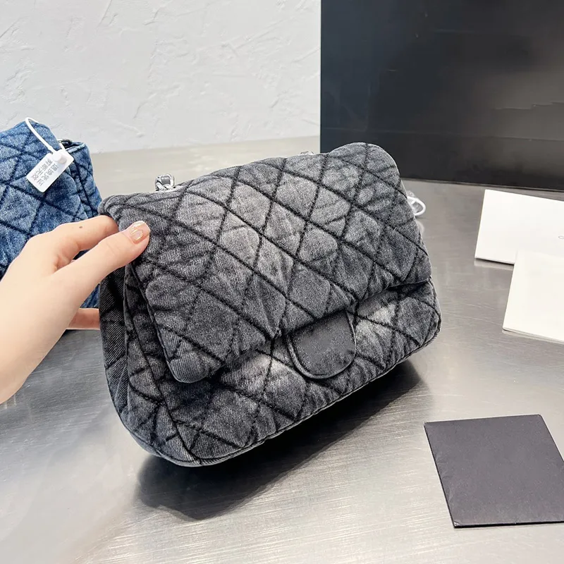 Vintage Denim Quilted Flap Shoulder Bag with Silver Hardware Chain Crossbody for Women 2024 Black