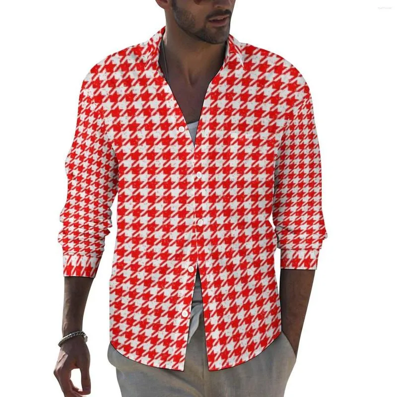 Casual shirts voor heren Houndstooth Spikkel Grappig shirt Man rood en wit patroon Spring retro blouses Design met lange mouwen Oversized top