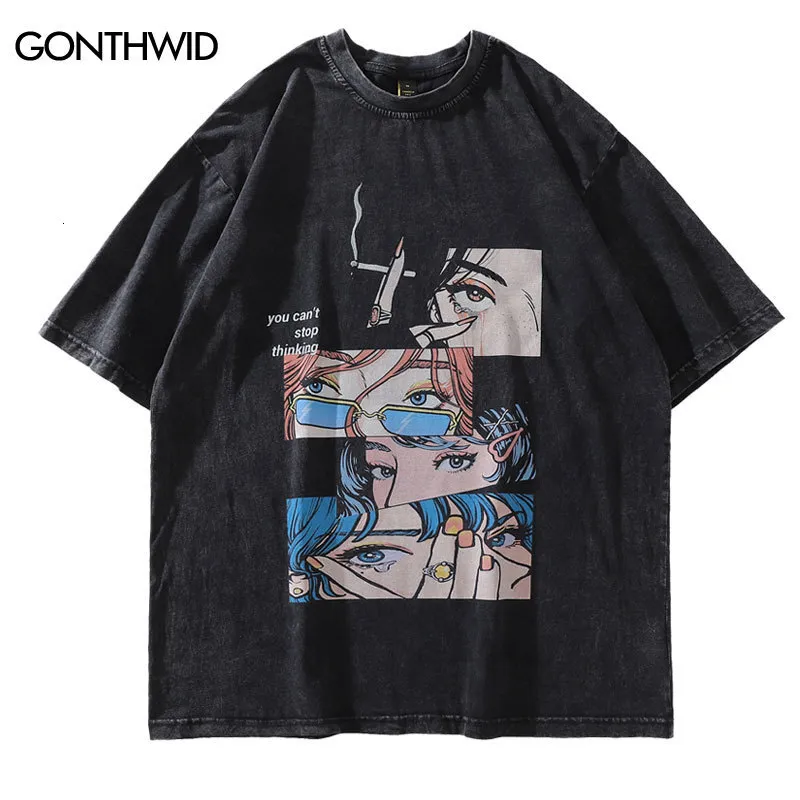 Men's T-Shirts Distressed Oversize T Shirt Streetwear Japanese Anime Eyes Print Retro Tshirt Hip Hop Casual Cotton Loose T-Shirt Black 230511