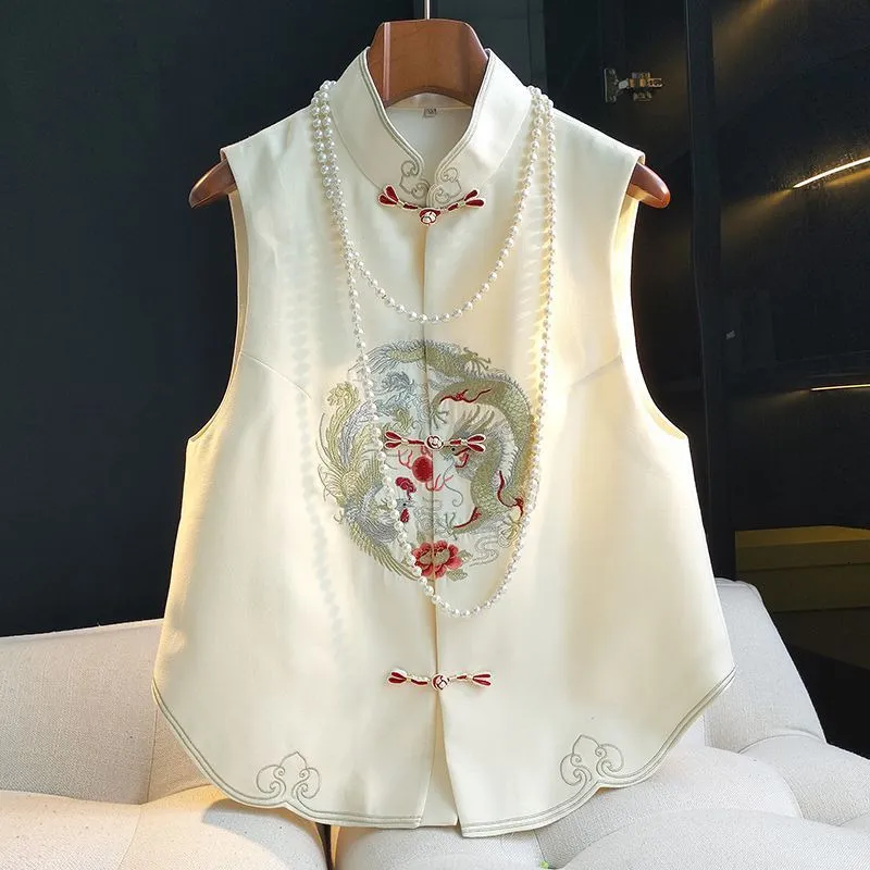 Save Big on Bulk Women's Vests Women Retro Chinese Style Waistcoat Dragon  And Phoenix Embroidery Cheongsam Vest Vintage Buckle Sleeveless Tops  Jackets
