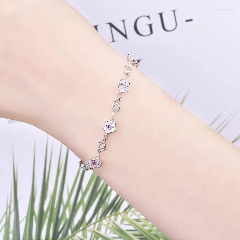 Länkarmband smycken Cherry Blossom Armband med rosa kristallpärlor för kvinnor eleganta söta blommatillbehör gåva