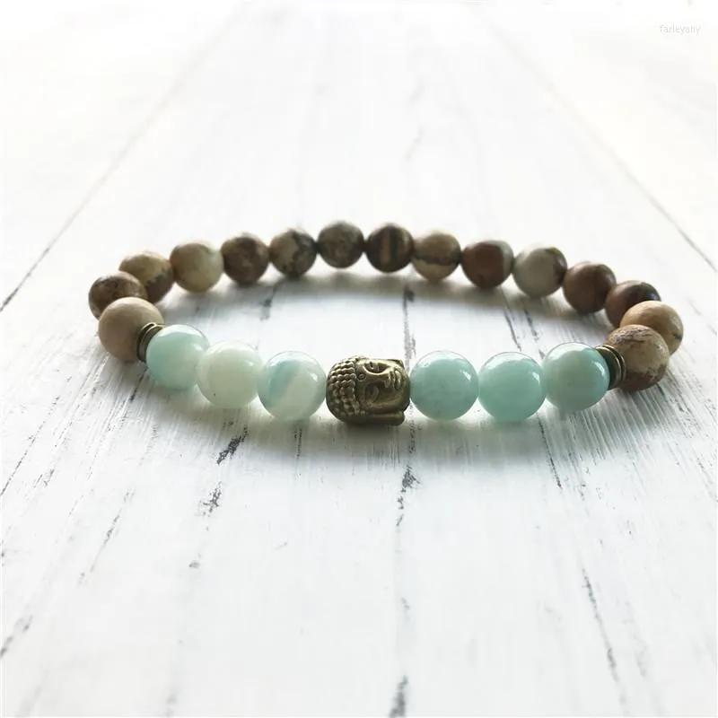 Strand 8mm Natural Picture Jaspers Amazonite Armband 2023 Summer Style Jewelry Yoga Wrist Mala Pärlor Rund