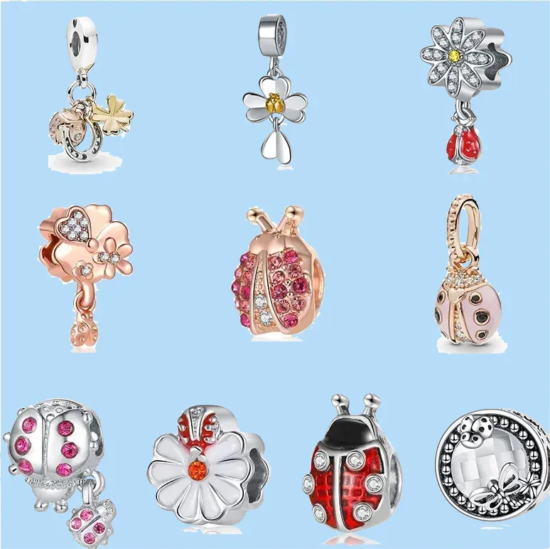 925 Silver Beads Charms Fit Pandora Charm Dangle Red Lucky Ladybug Clover Flower Bead