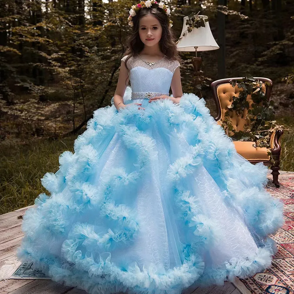 2023 Rosa azul Vestidos de ni a de las flores Flores 3D cuello de cristal Vestido de desfile de ni as vestido de daminha Vestido para ni os por