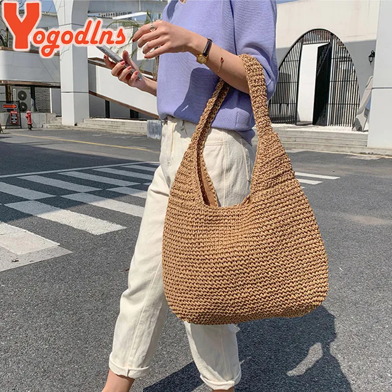 Bolsos de noche Yogodlns Paja de verano para mujer Bolso tejido a mano Bolso de gran capacidad Señora Tote Vacaciones Playa Bolso de hombro de ratán 230510