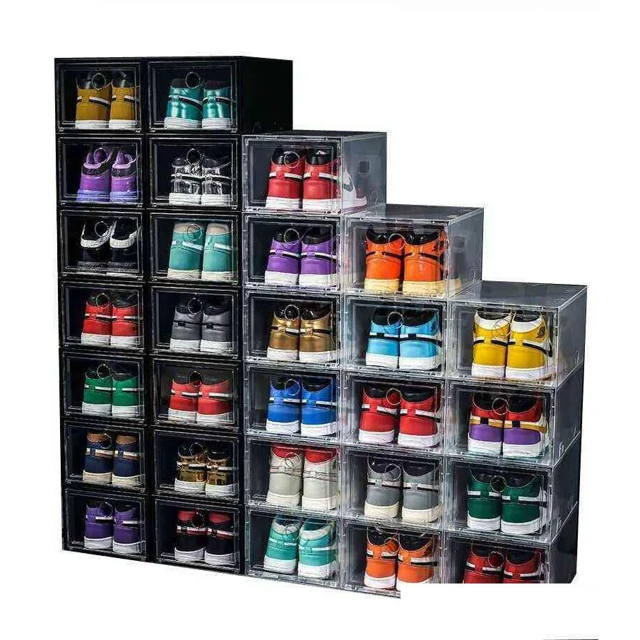 Boîtes de rangement Bacs 6pcs grande boîte à chaussures empilable affichage de l'armoire à talons armoire sneaker organisateur en plastique maison placard drop livraison dhsyo