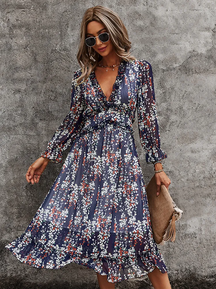 Msfilia Floral V-Neck Butterfly Sleeve Chiffon V Neck Dress - High Waist Casual Print V Neck Dress for Women, Perfect for Summer (230511)