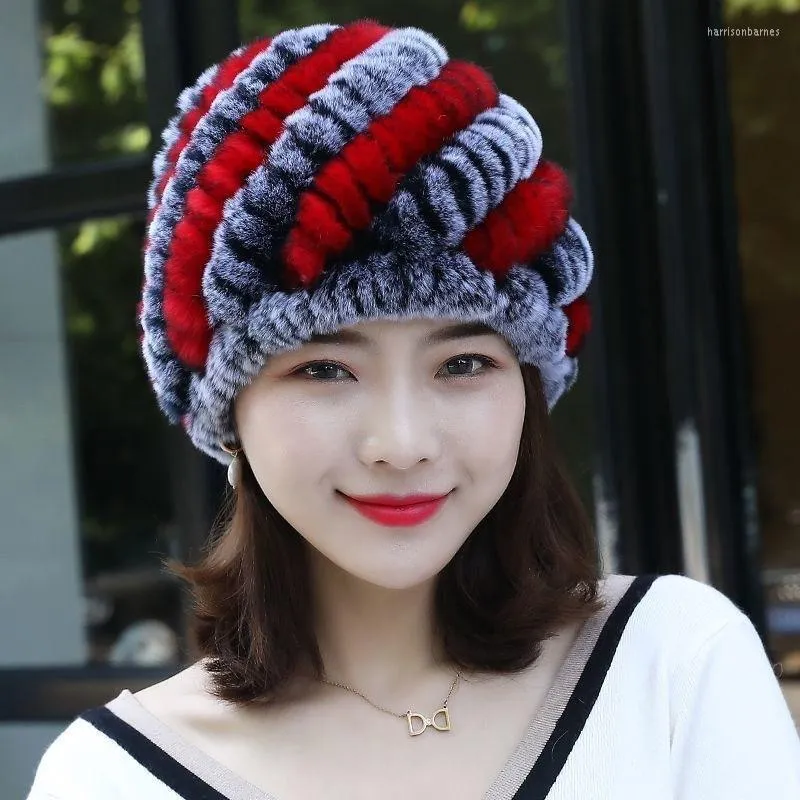 Berets Winter Warm Women gebreide wollen pet natuurlijke real rex bont hoeden kinted buitenhoed schedels mutsen beanies