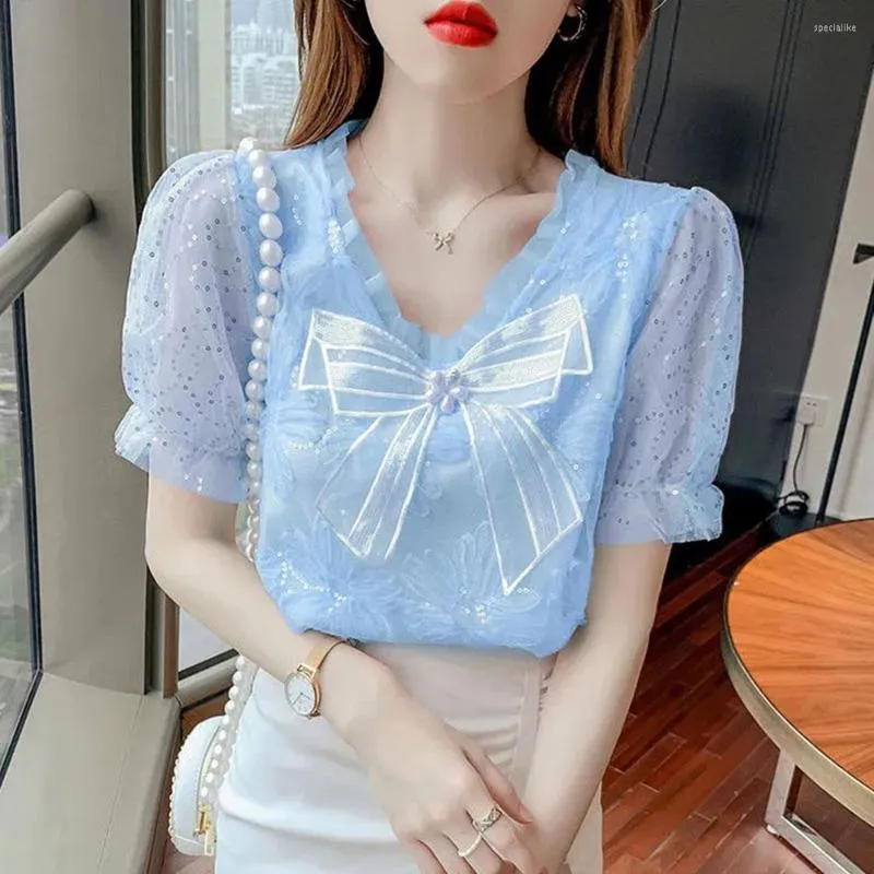 Women's Blouses Summer Korean Fashion Net Yarn Womens Short Sleeve Bow Elegant Ladies Aesthetic Shirt Beautiful V-neck Sweet Blusas Tops