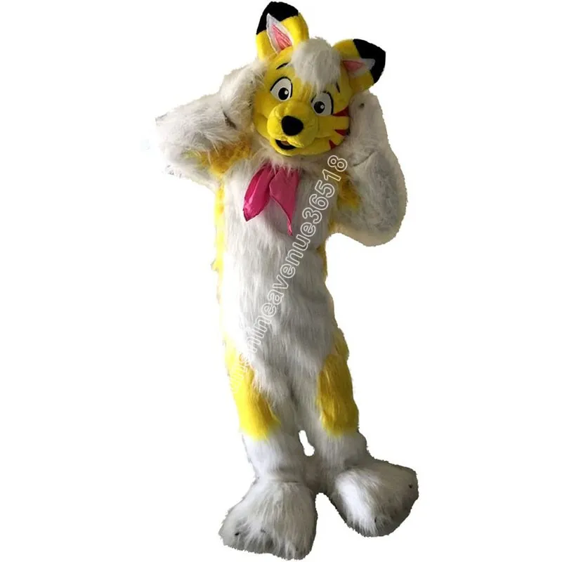 traje de mascote de cão de raposa amarelo e branca, personagem de anime de anime de desenho animado carnaval unissex de tamanho de adultos de Natal Festa de aniversário de roupa ao ar livre