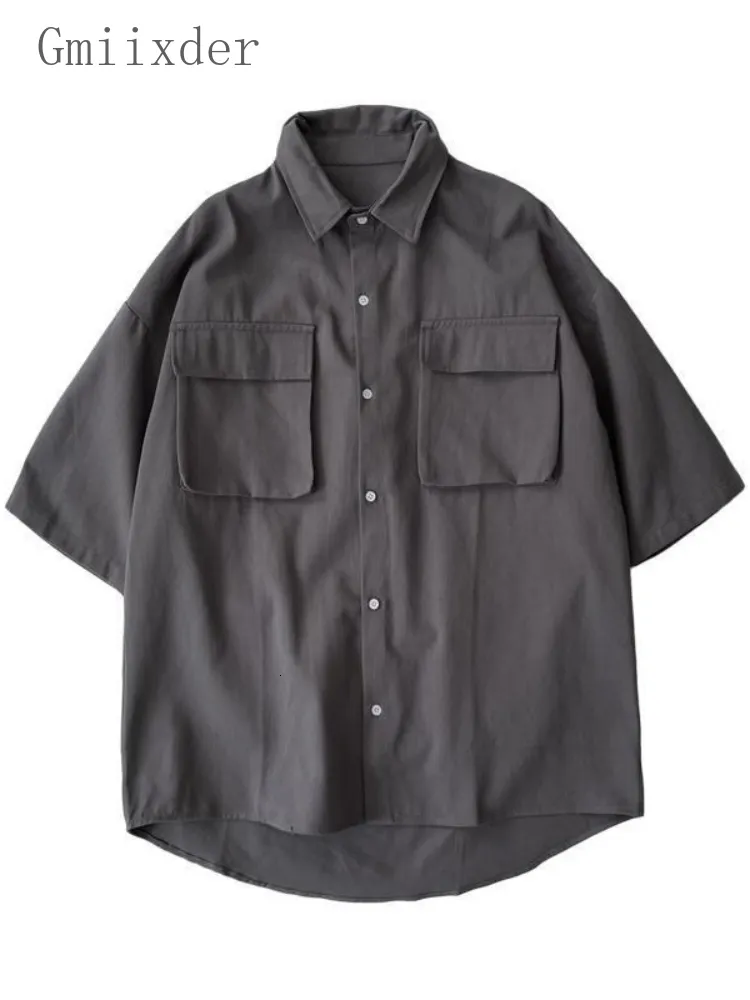 Camisas casuales para hombres Safari Grey Summer Simple Versátil Unisex Blusa Estilo de Hong Kong Big Pocket Shortsleeved para Hombres Mujeres 230511