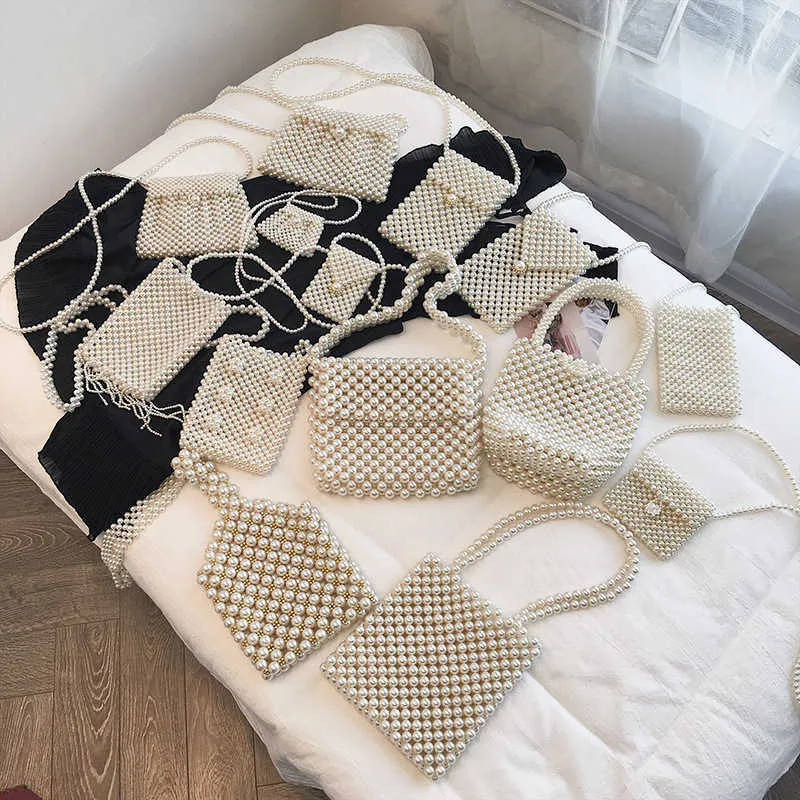 Luxury Hand Woven Pearl beaded shoulder bag for Women Small Beaded Flap Box Clutch Purse and Handbag with Mini Cross Body Strap 2019
