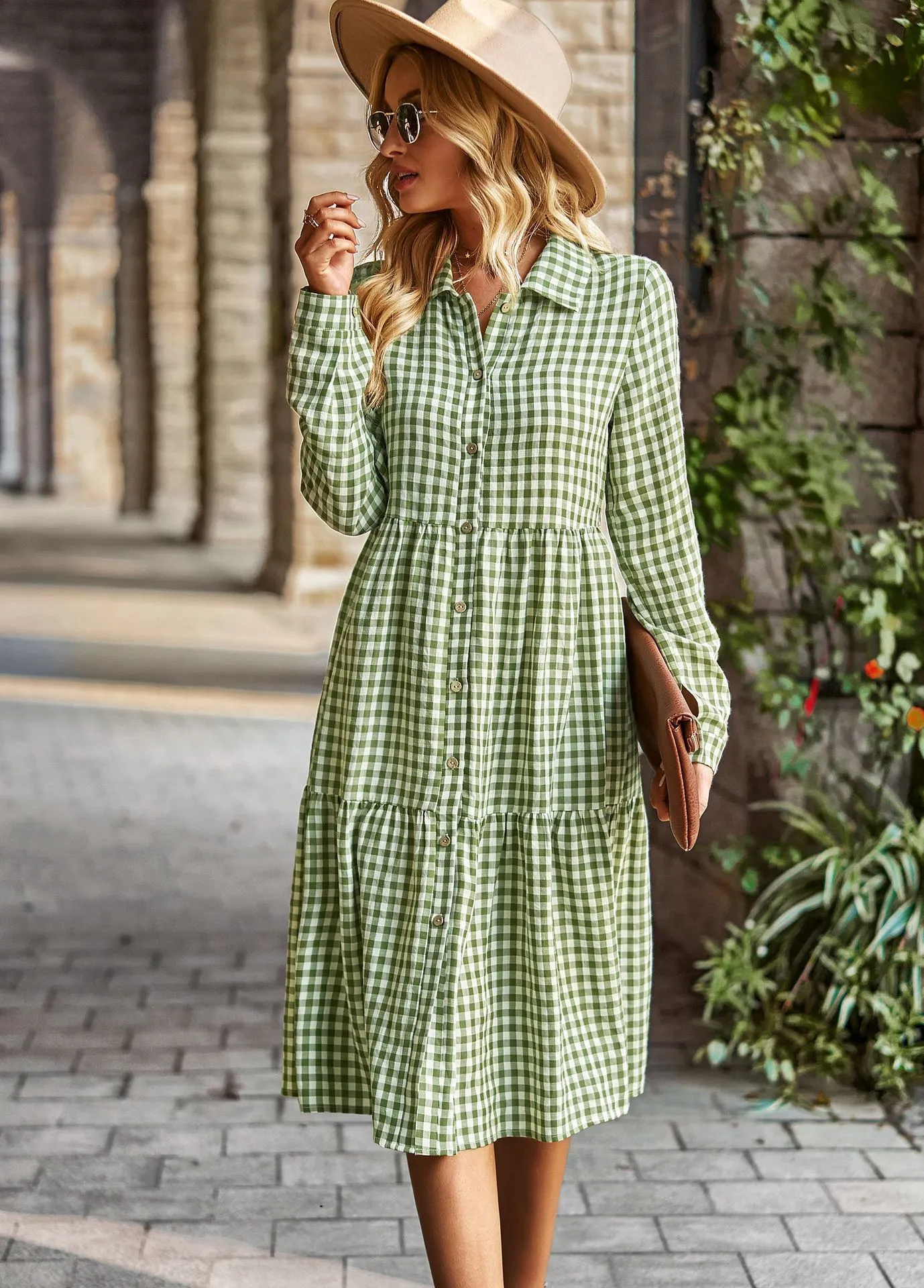 【きれいめファッション51選】上品さと清潔感をキープし Vintage Plaid Gingham Maxi Dress For Women Casual, Turn Down ワンピース