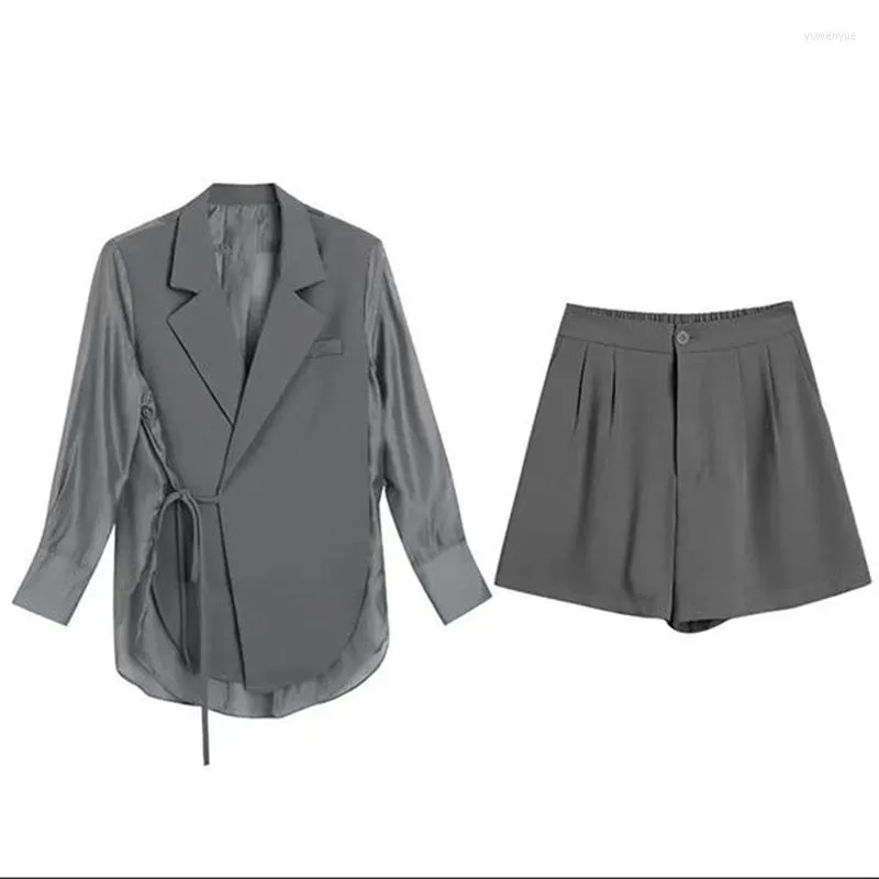 Dames Tracksuits Spring Summer Solid Blazer ToW Piece Set Women Gotched Collar Chiffon Patchwork Lace Up Coats Wide Leg Carog Shorts