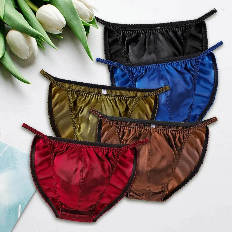 Underpants Men Silk Briefs Sexy Seamless Underwear Soft Breathable Satin Strings Fashion Pure Color Luxury Panties