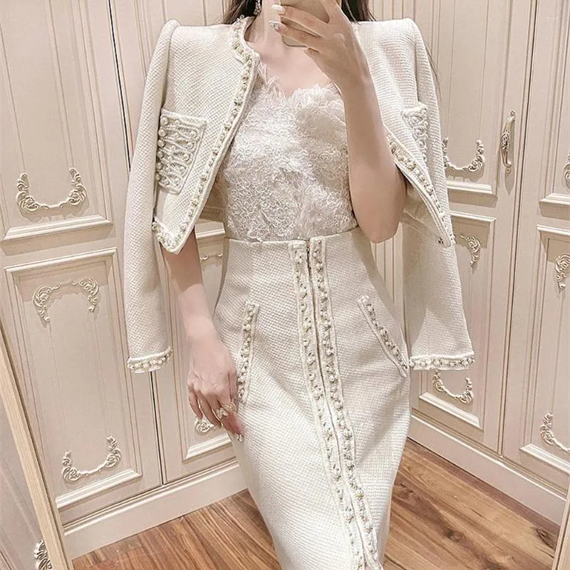 Light Luxury Vintage Work Dresses With Tweed Pearl Short Jackets