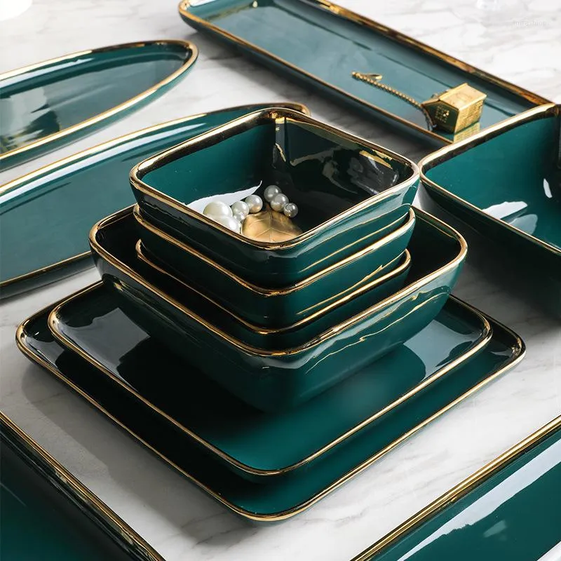 Assiettes vert céramique dîner Dessert plats luxe or incrusté vaisselle ensemble bijoux plateau Rectangle assiette pour la fête