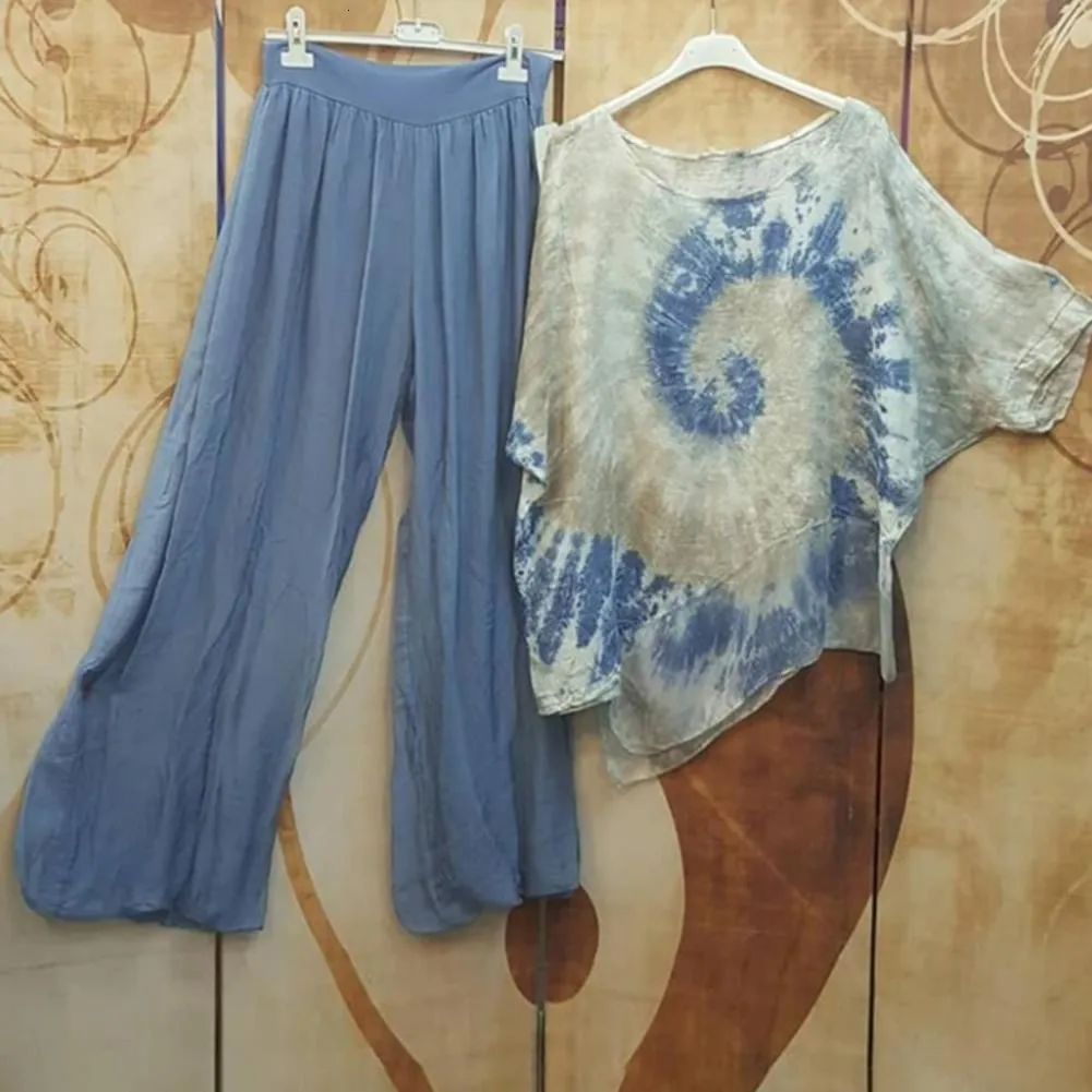 Женские брюки с двумя частями M-5xl 2pcs Tops Tops Bants Set Vintage Tie-Dye круглая шея.