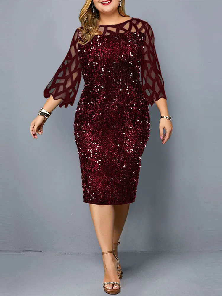 Sukienki plus wielkości sukienki imprezowe Plus Size Panie Midi Sequin Mesh Long Rleeve Lace Elegancki BodyCon XL-4XL 5xl Sukienki wieczorowe dla kobiet Summer 230511