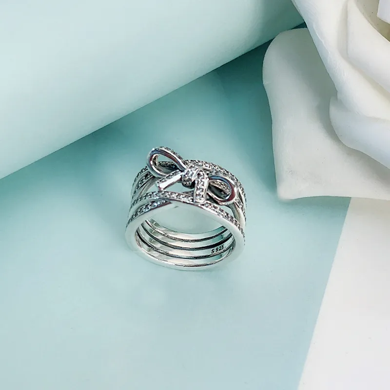 Sparkling Ribbon and Bow Ring for Pandora 925 Sterling Silver Wedding Party Jewelry designer Rings for Women Girlfriend Gift Luxury Band ring with