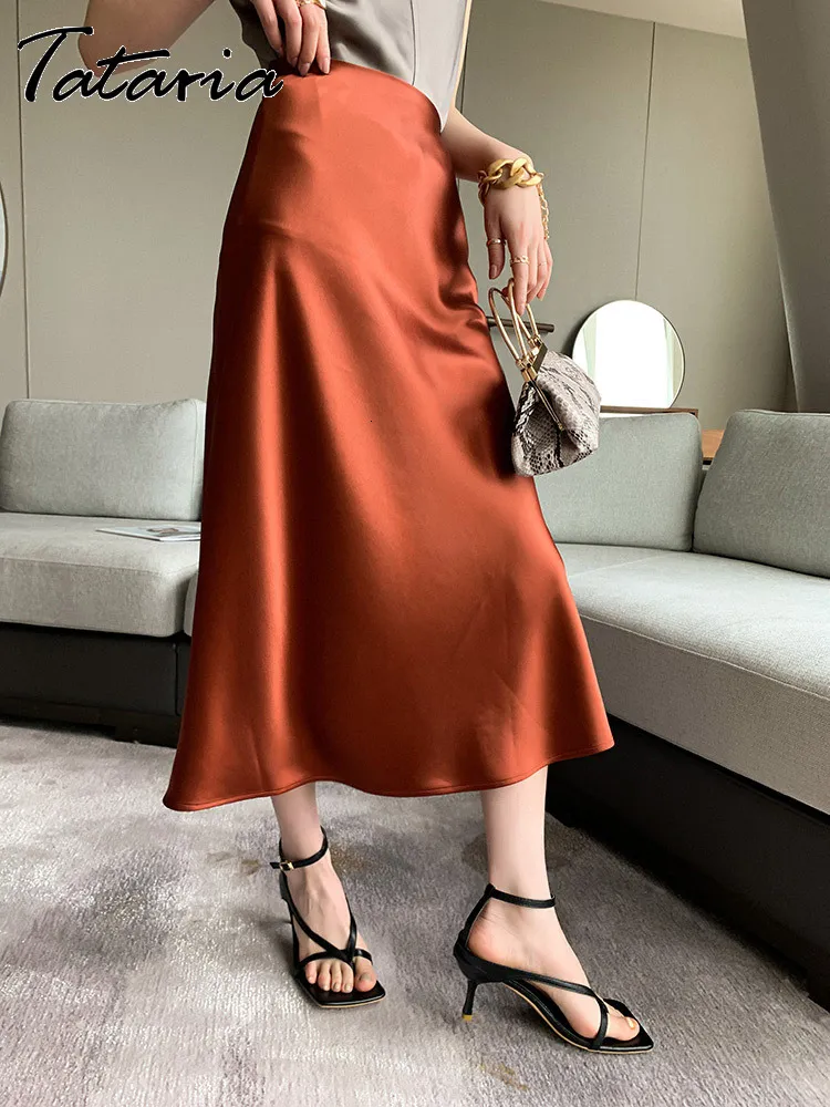Skirts Womens Elegant Silk Satin Midi Skirt Quality High Waisted