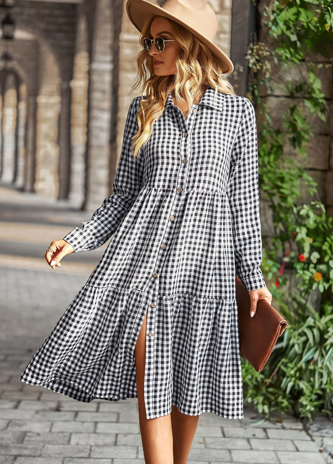 Vintage Plaid Gingham Maxi Dress For Women Casual, Turn Down