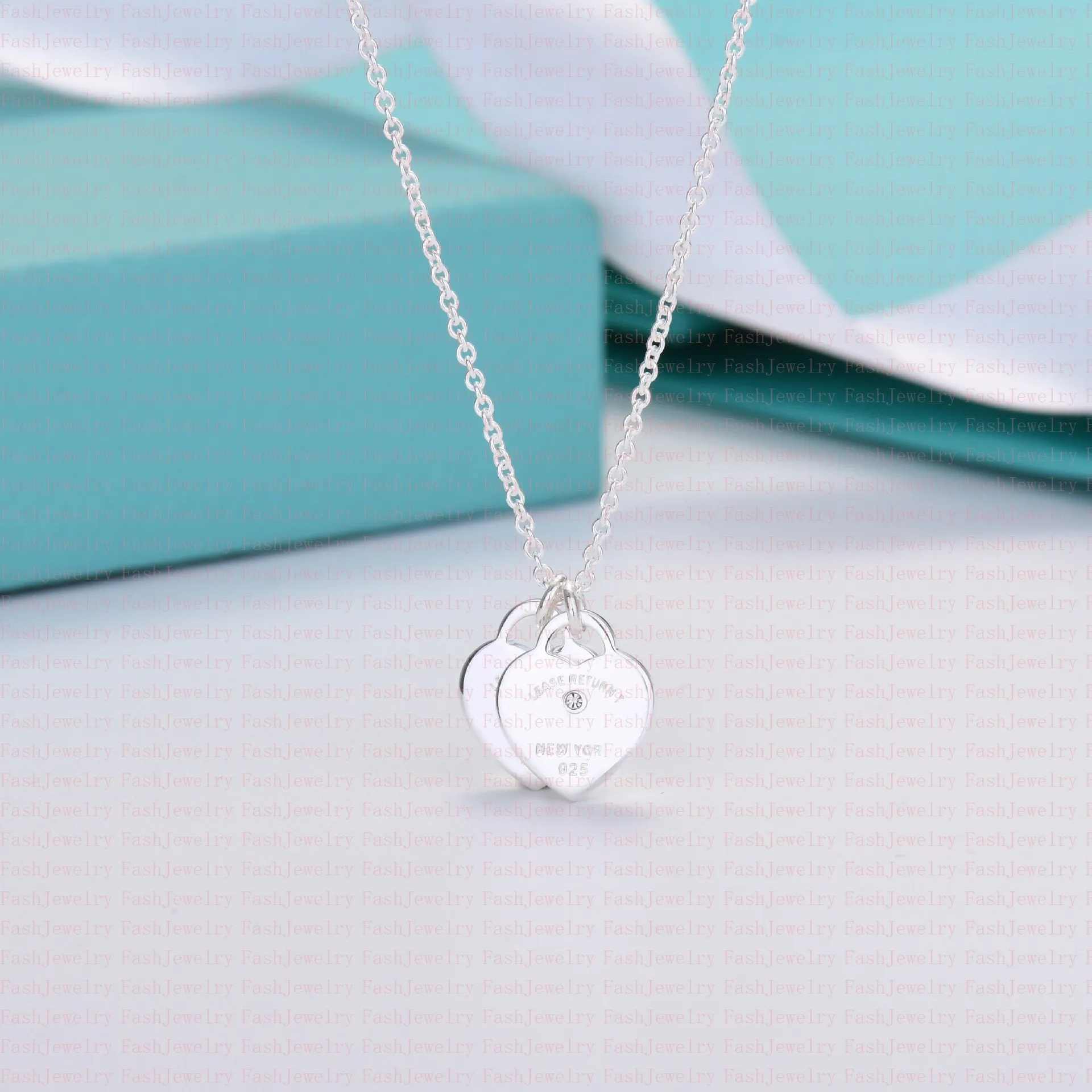 Deluxe Double Heart Necklace Womens Stainless Steel Heart Diamond