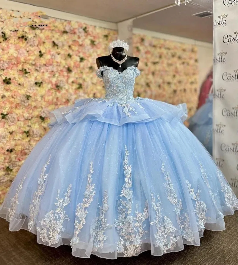 Bleu ciel clair Quinceanera robes 2023 hors de l'épaule dentelle Applique doux 16 robes perles Corset porno nin de 15 anos