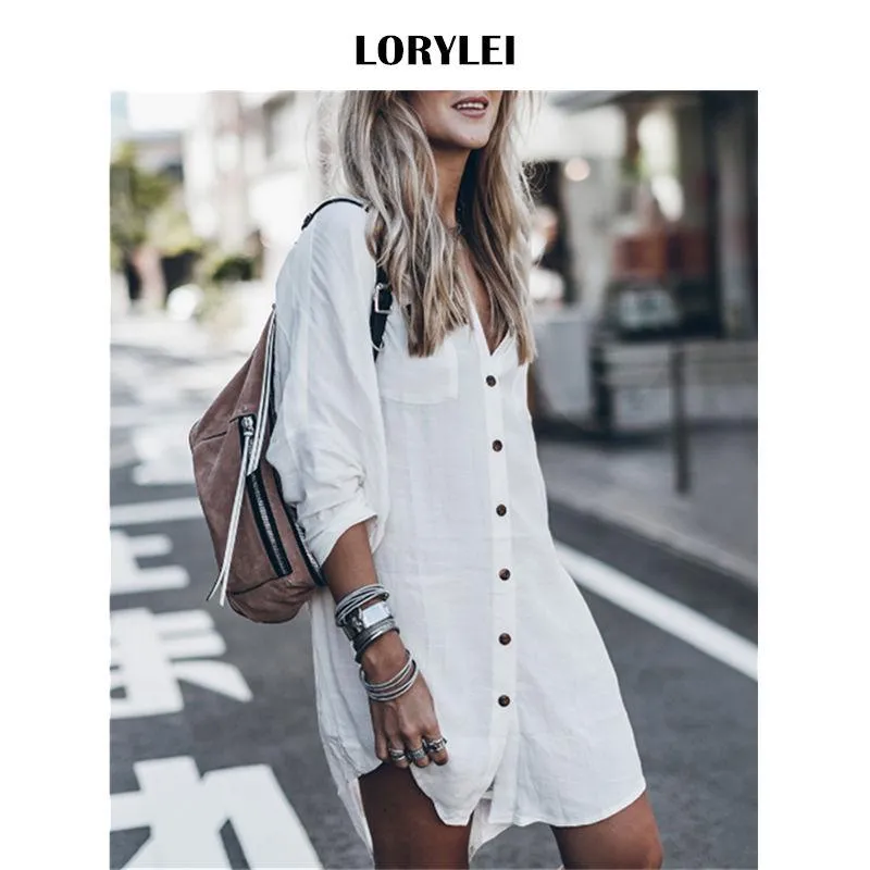 Cover-up feminino verão moda praia topos maiô cobrir verão manga longa branco bolso botão frente aberta camisa vestido n648