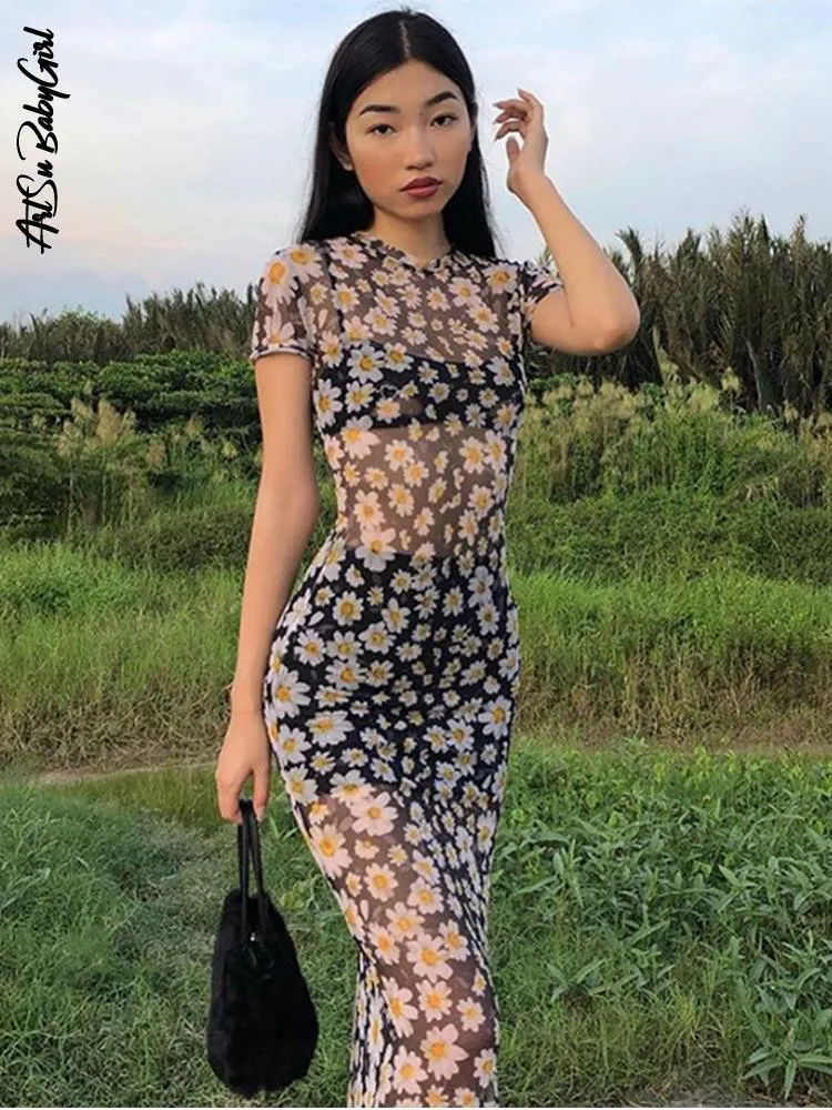 Casual Dresses Short Sleeve Daisies Print Mesh SeaThrough Sexig Maxi Dress Summer Women Fashion Streetwear Outfit Sundress 230511