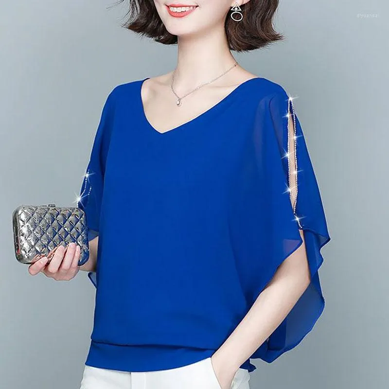 Blusas de mujer Moda con cuello en V Camisa de gasa Ropa de calle Color s lido Suelto Todo f sforo Camisa casual Elegante Fuera del hombro Blusa de