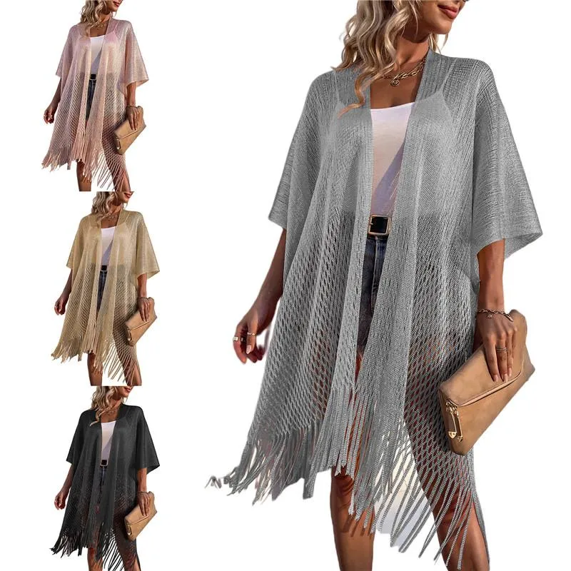 Cover-up Women Beach Cover Ups Sun Blouse With Long Tassel Decoration Solid Black Pink Gray Hollow Loose Lady Summer Beach Dress