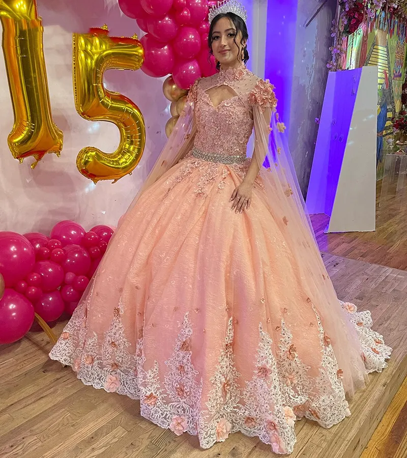 Quinceanera Dresses Pindess Pink Tippet Appliques Flowers Ball Gown V-Neck Lace-Up Tulle Plus Sweet 16 Debutante Birthday Vestidos DE 15 ANOS 113