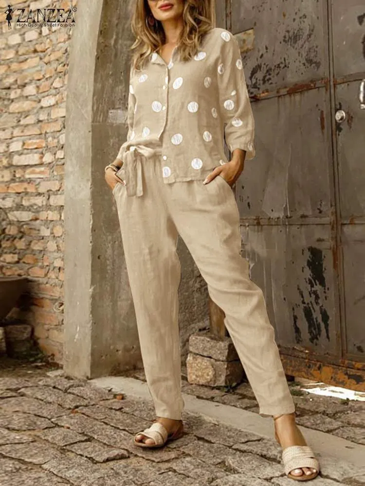 Pantaloni a due pezzi da donna ZANZEA Top e pantaloni con cintura Pantaloni in vita elasticizzati Pantaloni casual Donna O-collo Manica a 3/4 Camicia a pois Completi 2 pezzi Set di pantaloni 230511