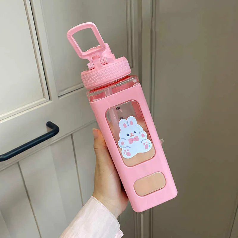 700ml Cute Water Bottle for Girls with Lid Straw Sticker Plastic