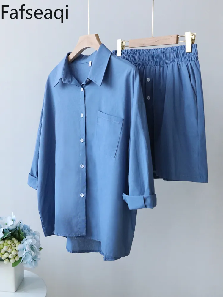 Dwuczęściowe spodnie Dame Summer Casual Cotton Line garnitury z szortami dla kobiet koszuli i ustawiaj strój na kostkę o długim rękawie 230511