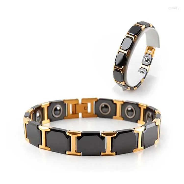 Link Bracelets Men's Radiation Proof Titanium Steel Magnet Bracelet Ceramic Square Black Ochre Lovers