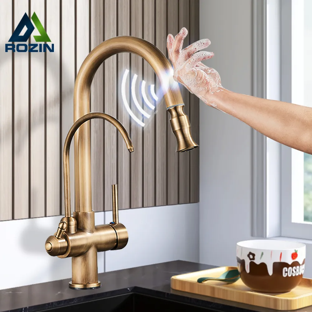 Torneiras de cozinha Rozin Touch Sensor Filtro Torneira de água Antique Brass Antiga de pulverizador Tap com guindaste puro giratório para 230510