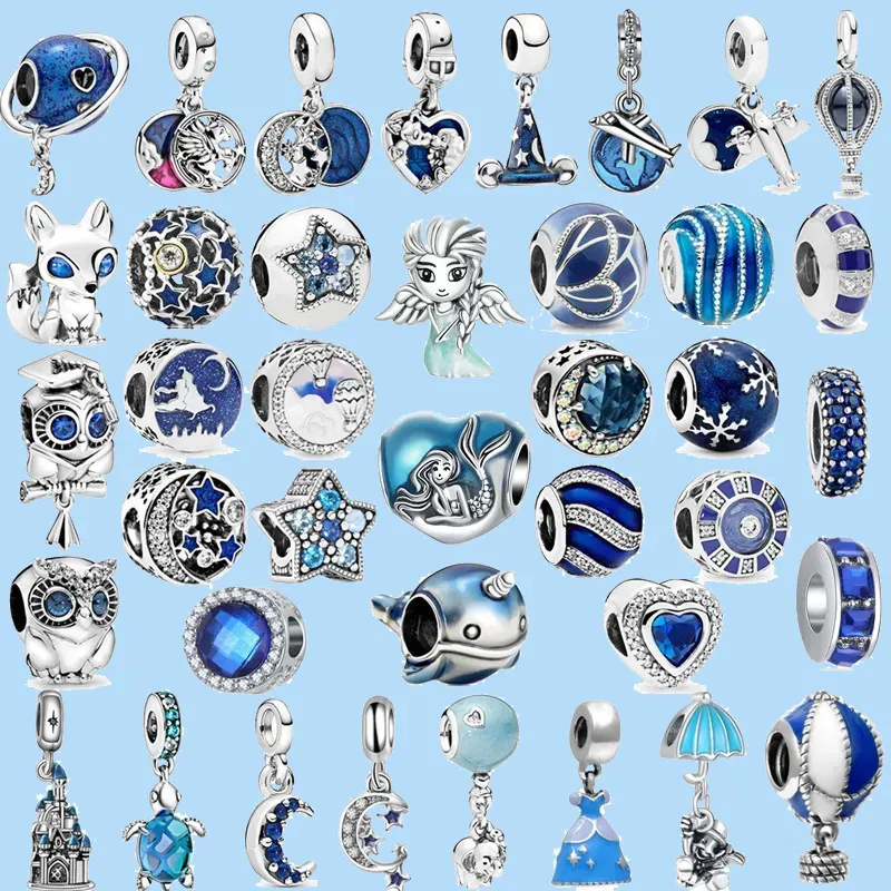 Ciondoli in argento sterling 925 per perline di gioielli Pandora New Blue Series Angel Mermaid Stars Moon Pendant Adatto