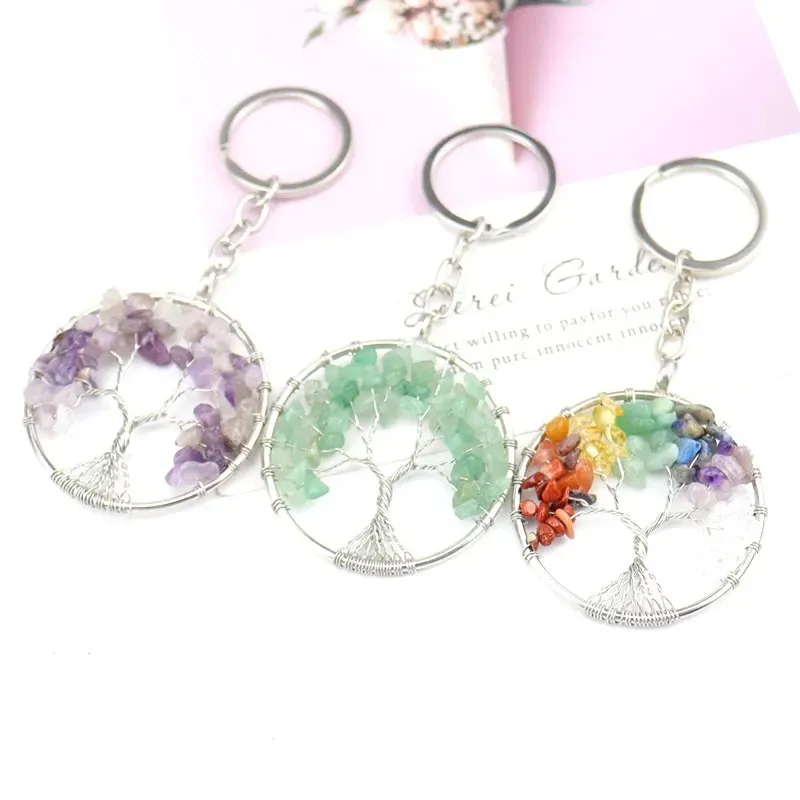 Pierre naturelle cristal pendentif arbre de vie énergie porte-clés voiture téléphone sac souhaitant arbre pendentifs bijoux accessoires pour femmes