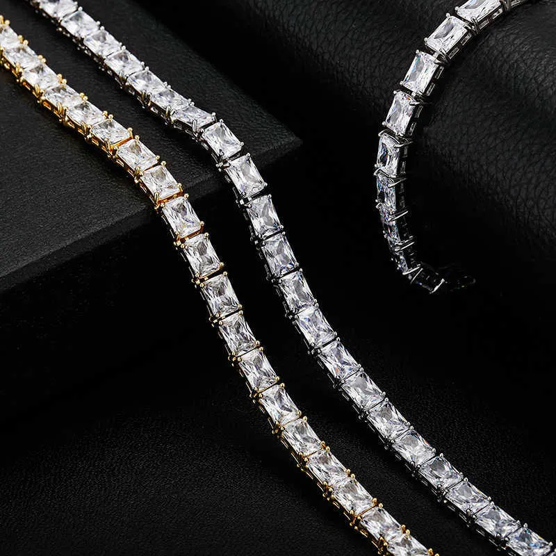 Micro Set Square Baguette Cubic Zircon Spring Buckle Tennis Necklace Ins Hip Hop Eesthetic Iced Out AAA CZ Stone Chain Armband Rapper Jewelry Gift for Men Women