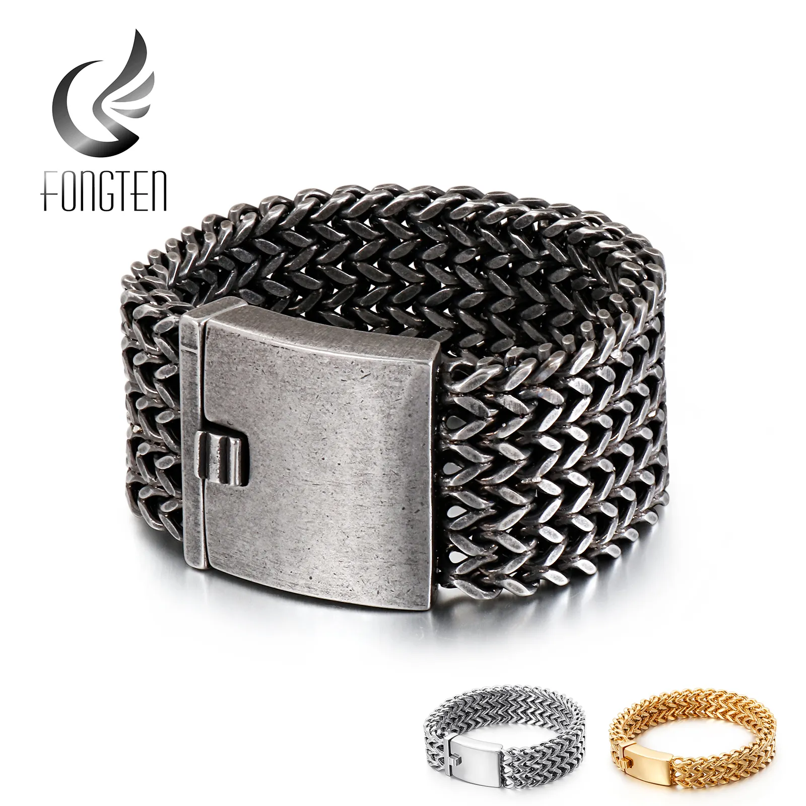 Catena Fongten Mesh Link Bracciale Uomo Punk Vintage Metallo Acciaio inossidabile Mens Cinturino da polso Fascino Bracciali larghi Gioielli 230511