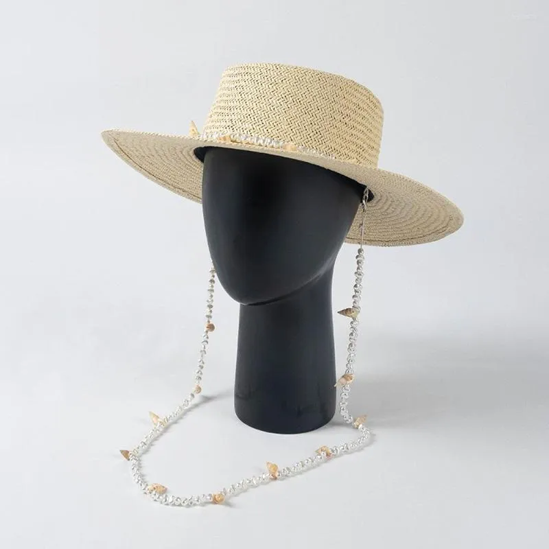 Szerokie brzegowe czapki słomkowe kapelusz letnie słońce plażowy akcesorium UV Ochrona oddychania Perły String Cap for Holiday Luksus