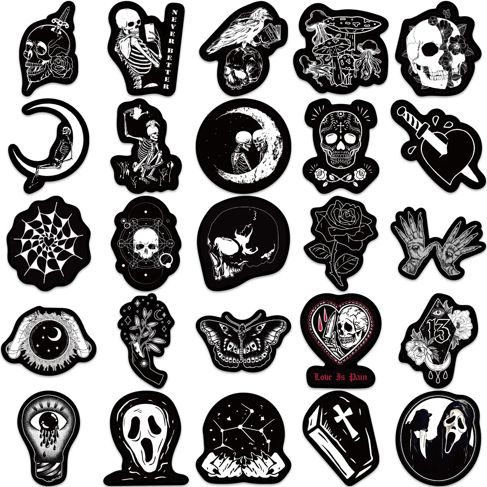 50pcs Cool Goth Stickers Pack Scrapbooking Skull Stickers Black