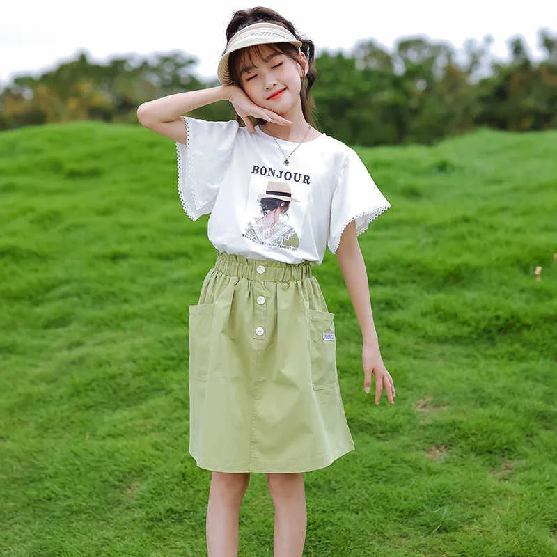Girls Summer Lace Sleeve T Shirt And Skirt Outfit Cute Kids
