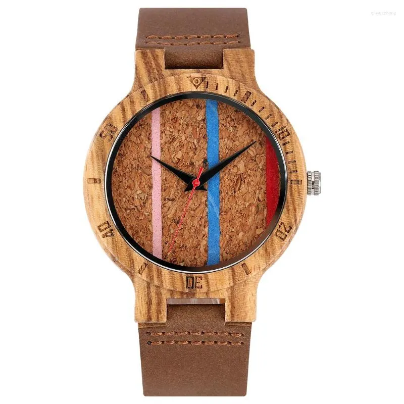 Wristwatches Stylish Quartz Men Watches Colorful Stripes Cork Wood Dial Zebrawood Case Brown Genuine Leather Watch Strap Male