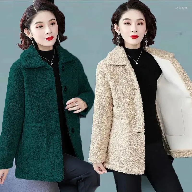 Kvinnors päls 2023 varm vinterjacka korn sammet polo lapel kvinnlig lös fleece förtjockad cardigan coat svart