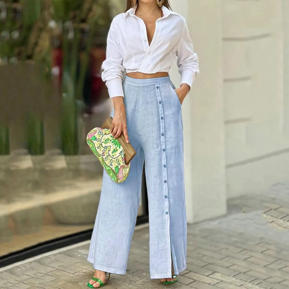 Chic Solid Color Two Piece Denim Palazzo Pants Set With Wide Leg Pants And  Cardigan Casual Top And Trousers Suit 230511 From Kong04, $22.27