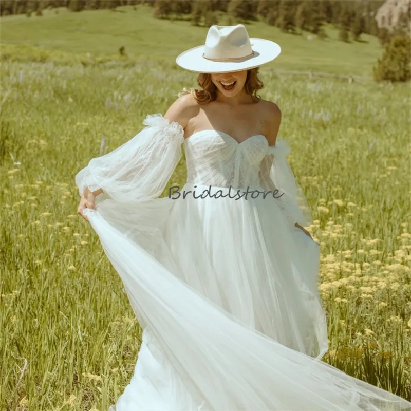 Hippie Fairy Boho Abito da sposa maniche a sbuffo Una linea Tulle Beach Bridal Sweetheart coreano civile Bohemain Country Bride Splendidi abiti da sposa robe de mariee 2023